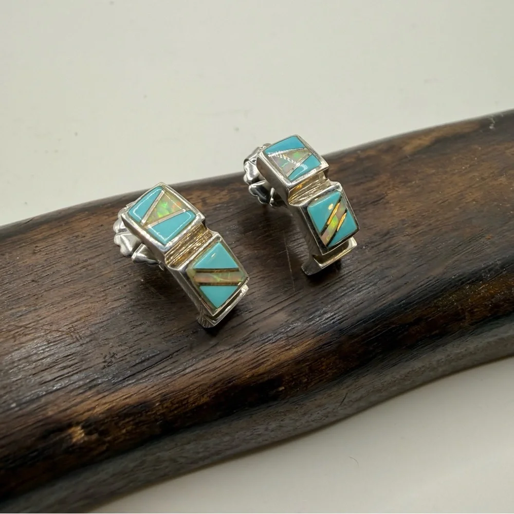 Sterling‎ Silver Turquoise Opal Earrings Half Hoop Pierced 925 Backing Square